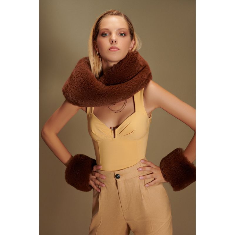 Alexa Faux Fur Collar Round Scarf & Cuff Set In Brown image