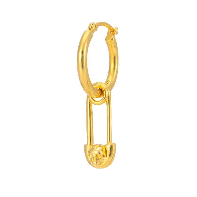 Skull Safety Pin Hoop Earring In Gold image