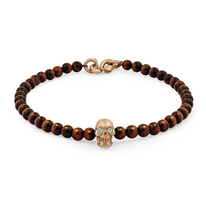 Skull Bracelet in 18K Gold with Diamond Eyes, Red Tiger Eye and Snake Clasp image