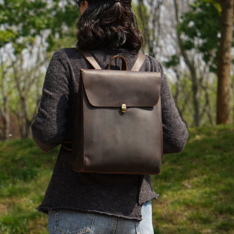 Handmade Worn Look Genuine Leather Slim Backpack - Dark Brown image