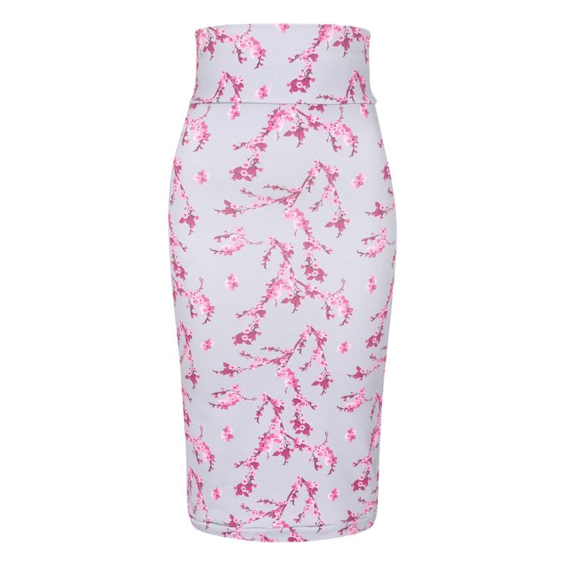 Grey & Pink Floral Midi Skirt image