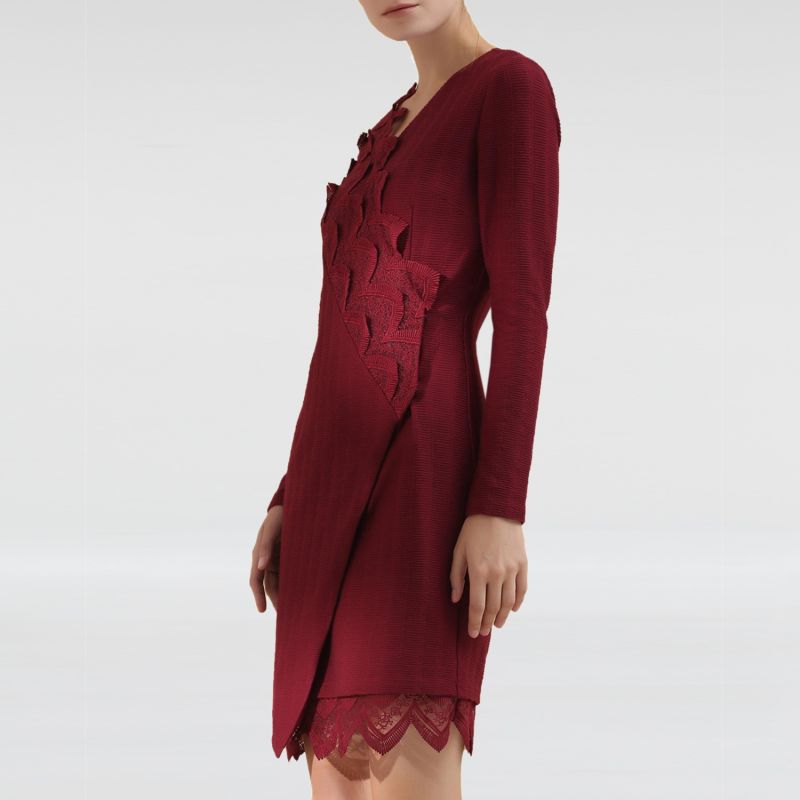 Lace Edge Knitted Wrap Dress - Red image