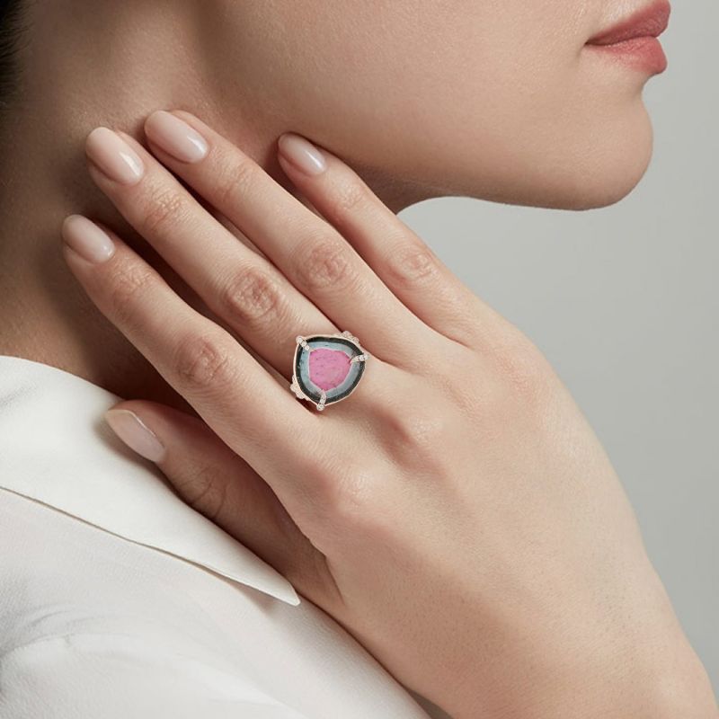 18K Rose Gold With Natural Diamond & Water Melon Tourmaline Cocktail Ring image