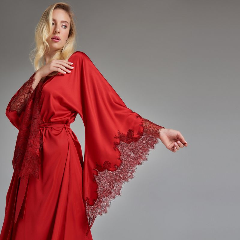 Lace Detailed Maxi Robe - Red image