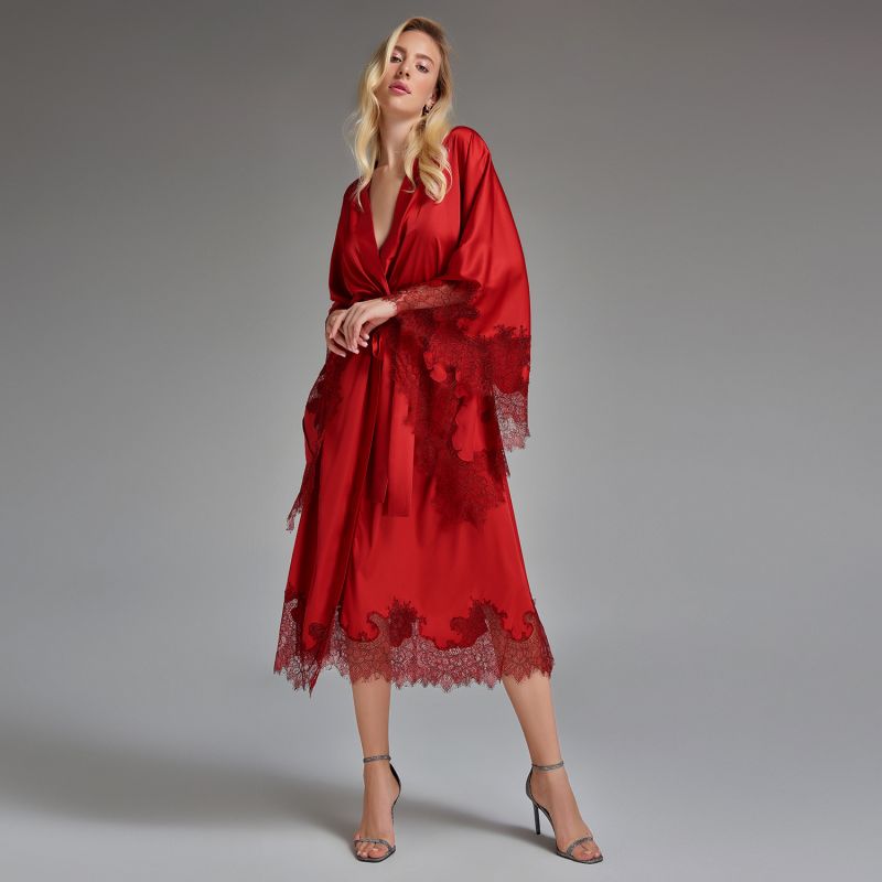 Lace Detailed Maxi Robe - Red image