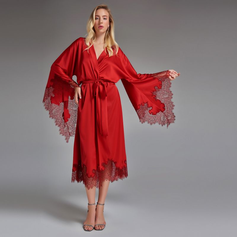 Lace Detailed Maxi Robe - Red image