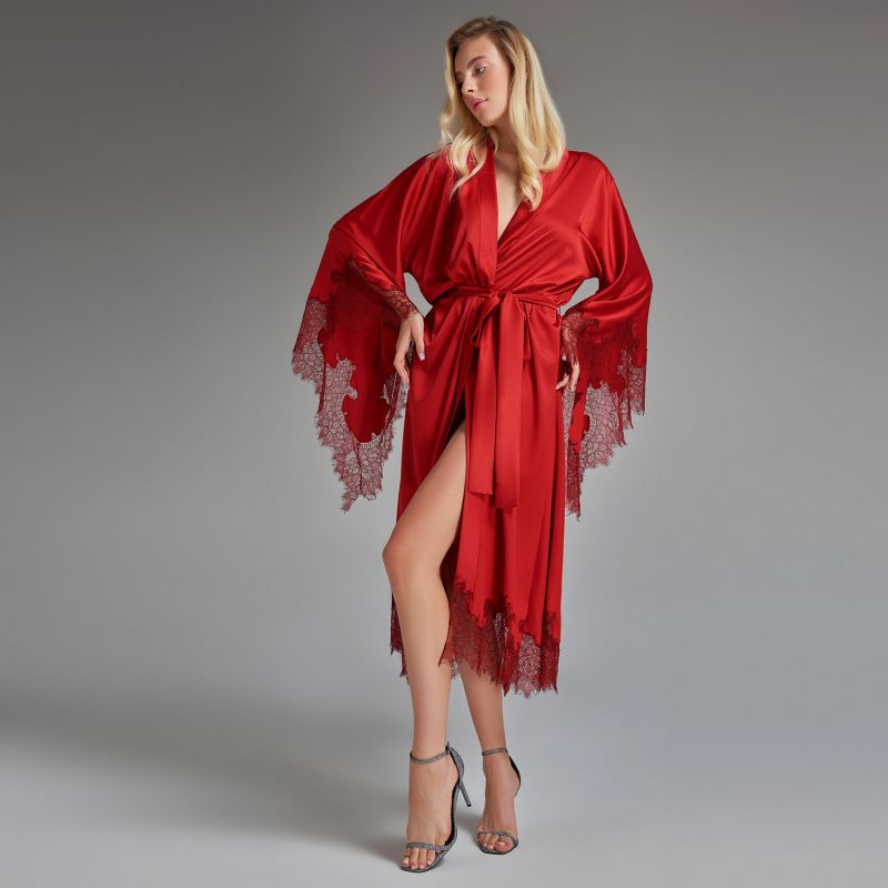 Lace Detailed Maxi Robe - Red image