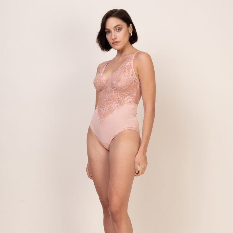 Rose Pink Lace Corset Bodysuit, Womens Tops