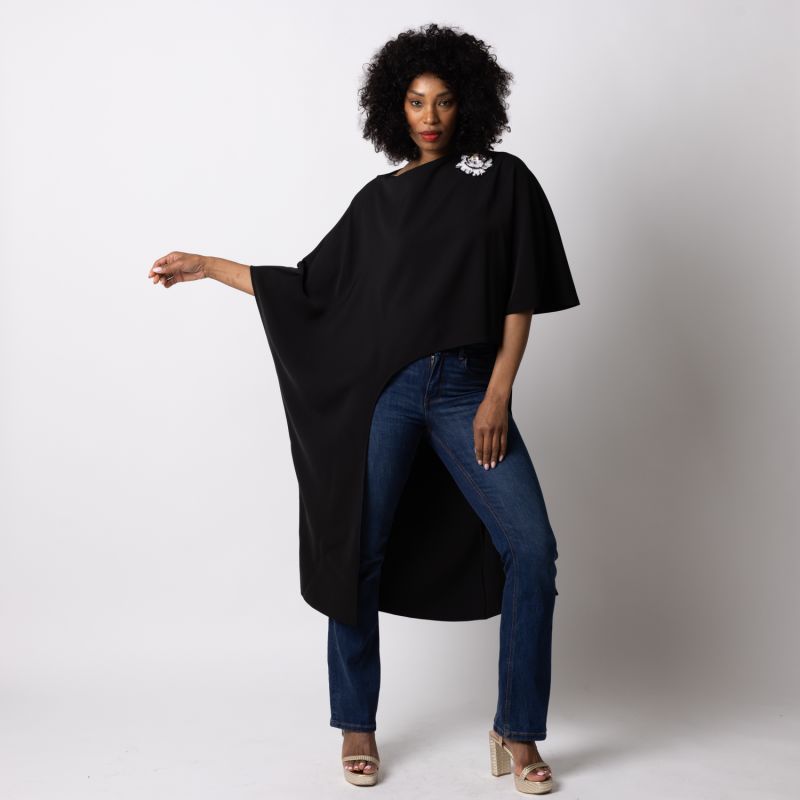 Laines Couture Asymmetric Blouse Cape With Embellished Black & White Peony image