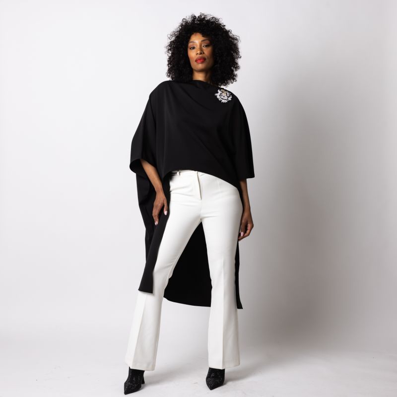 Laines Couture Asymmetric Blouse Cape With Embellished Black & White Peony image