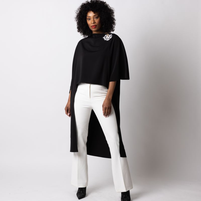 Laines Couture Asymmetric Blouse Cape With Embellished Black & White Peony image