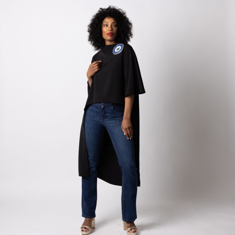 Laines Couture Asymmetric Blouse Cape With Embellished Evil Eye image