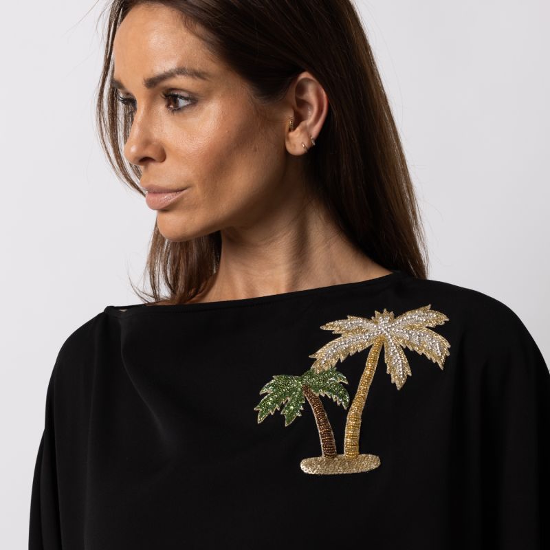 Laines Couture Asymmetric Blouse Cape With Embellished Palm Tree image