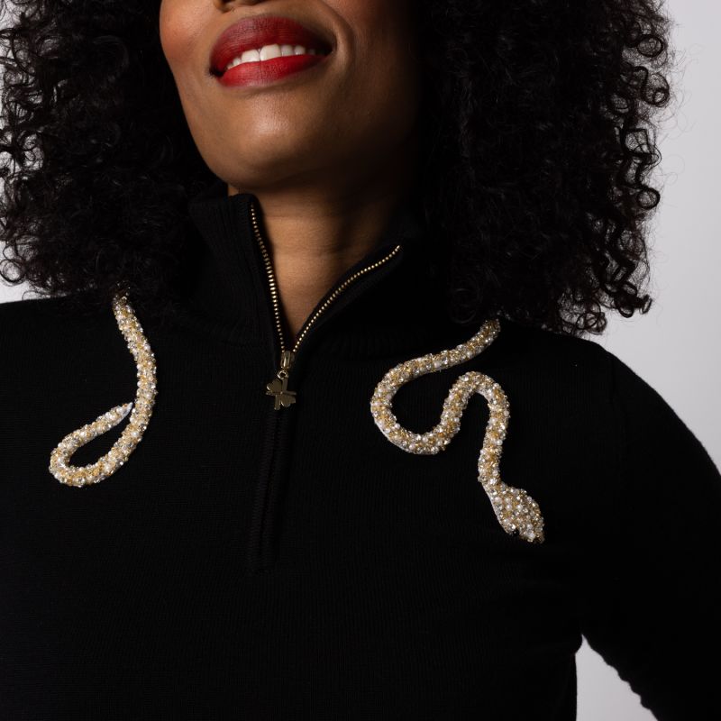 Laines Couture Black Quarter Zip Jumper With Embellished Crystal & Pearl Snake image