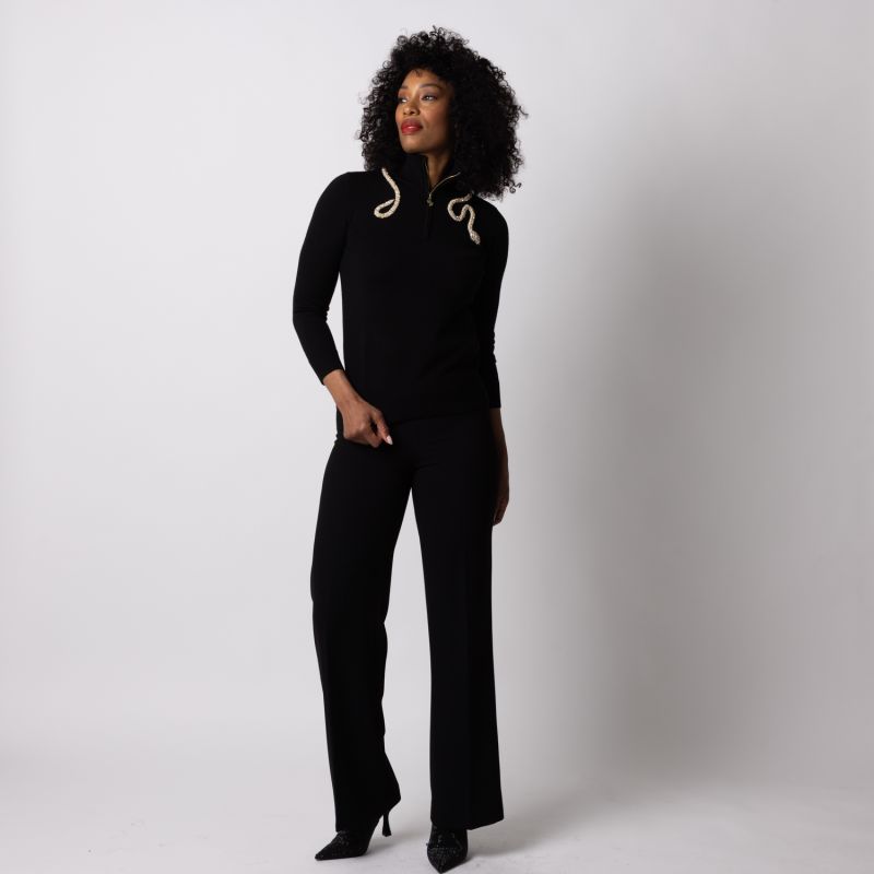 Laines Couture Black Quarter Zip Jumper With Embellished Crystal & Pearl Snake image