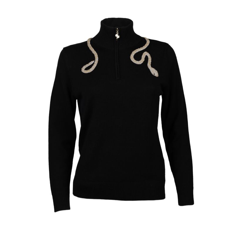 Laines Couture Black Quarter Zip Jumper With Embellished Crystal & Pearl Snake image