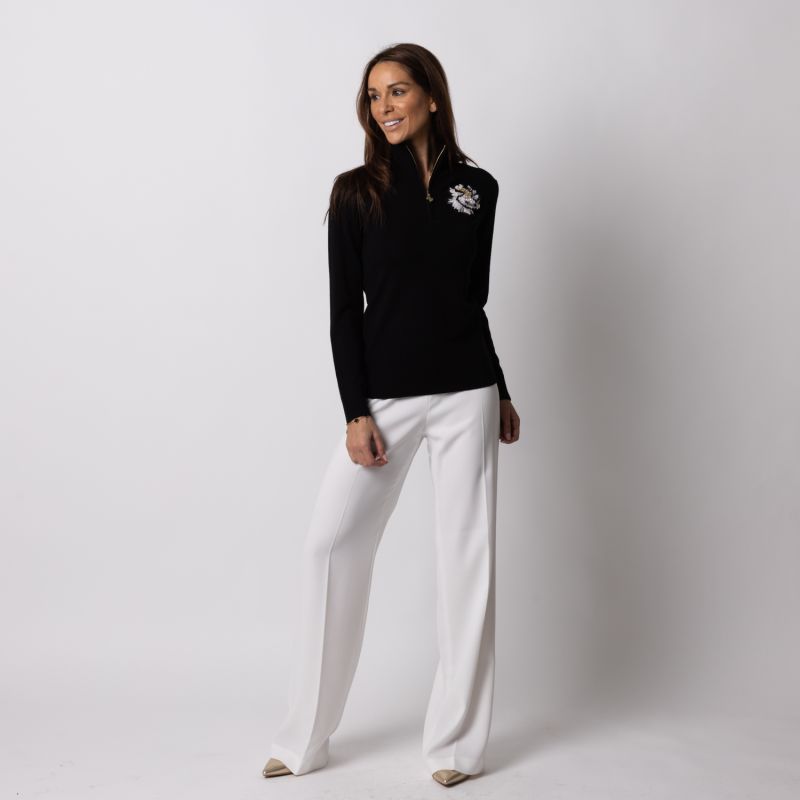 Laines Couture Quarter Zip Jumper With Embellished Black & White Peony - Black image