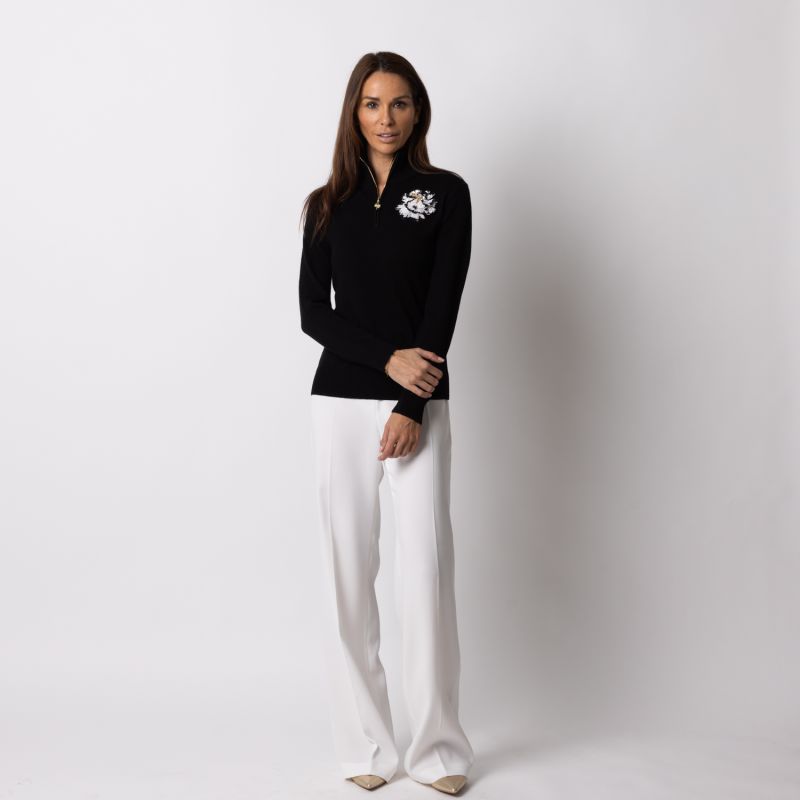 Laines Couture Quarter Zip Jumper With Embellished Black & White Peony - Black image