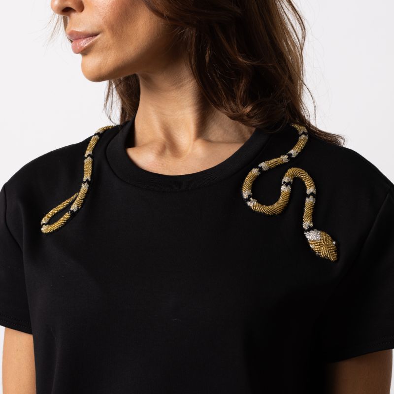 Laines Couture T-Shirt Dress With Embellished Black & Gold Wrap Around Snake image