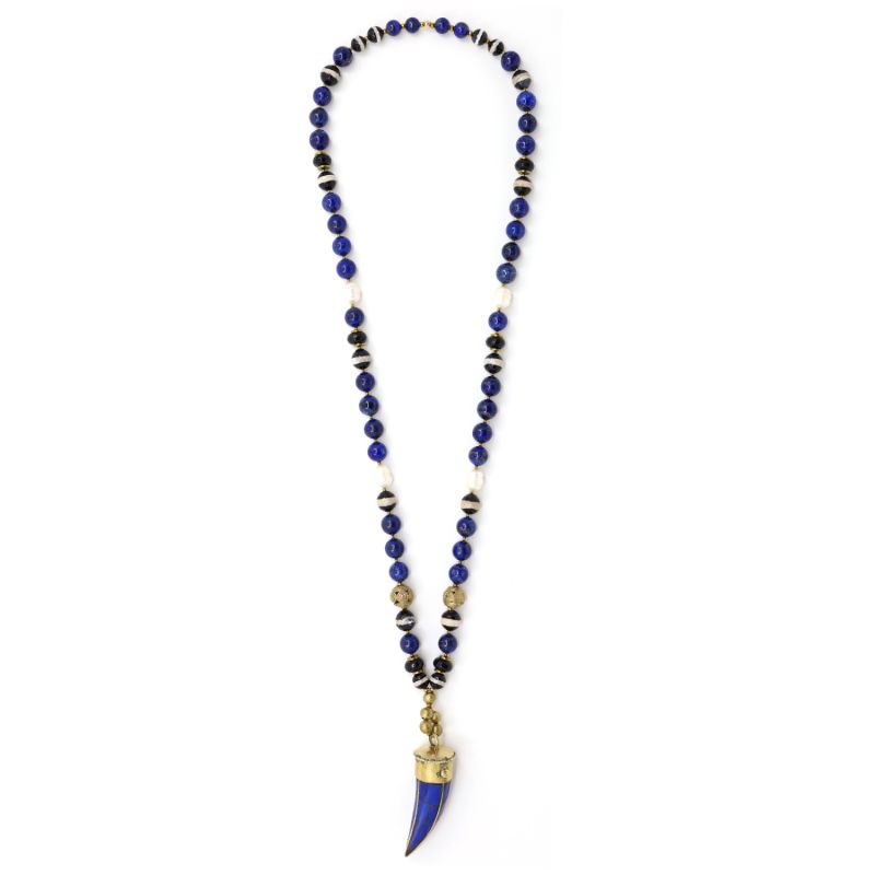 Lapis Lazuli Tibetan Horn Statement Beaded Necklace image