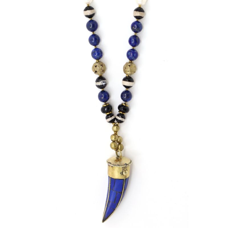 Lapis Lazuli Tibetan Horn Statement Beaded Necklace image