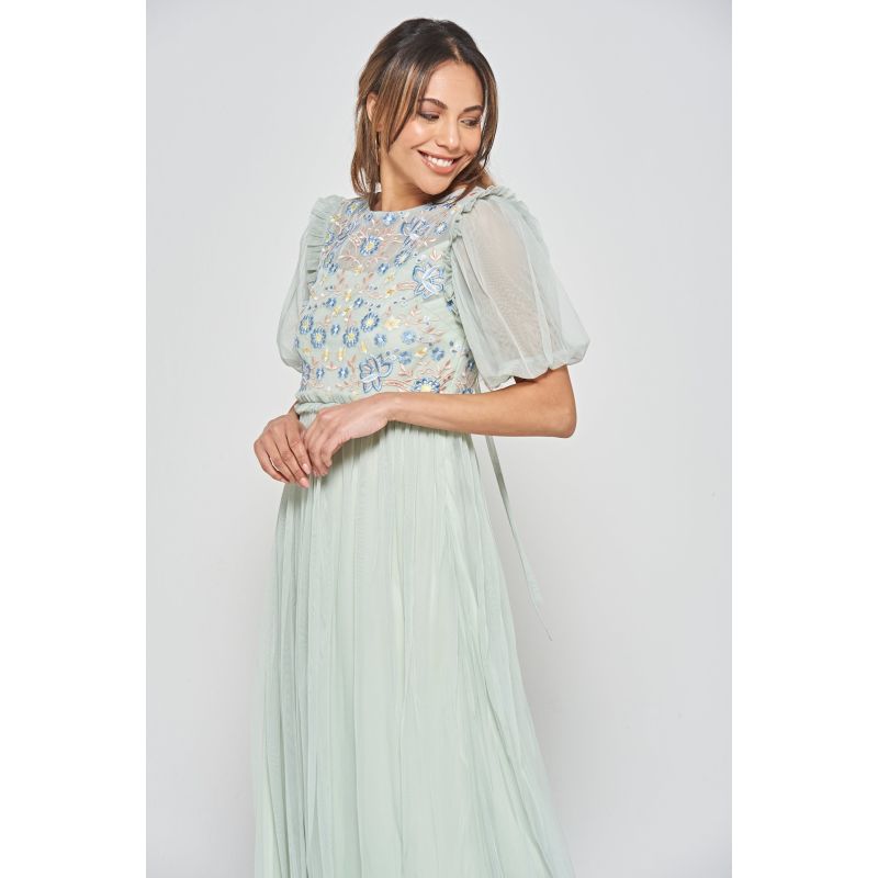 Laraline Puff Sleeve Maxi Dress With Floral Embroidery - Green image