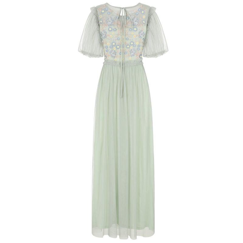 Laraline Puff Sleeve Maxi Dress With Floral Embroidery - Green image