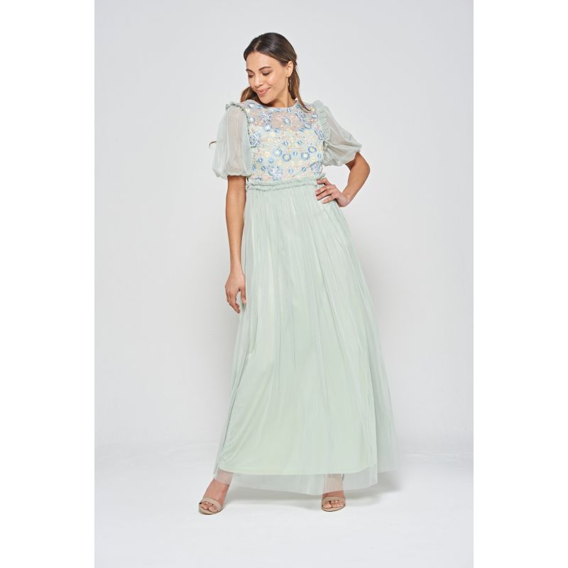 Laraline Puff Sleeve Maxi Dress With Floral Embroidery - Green image