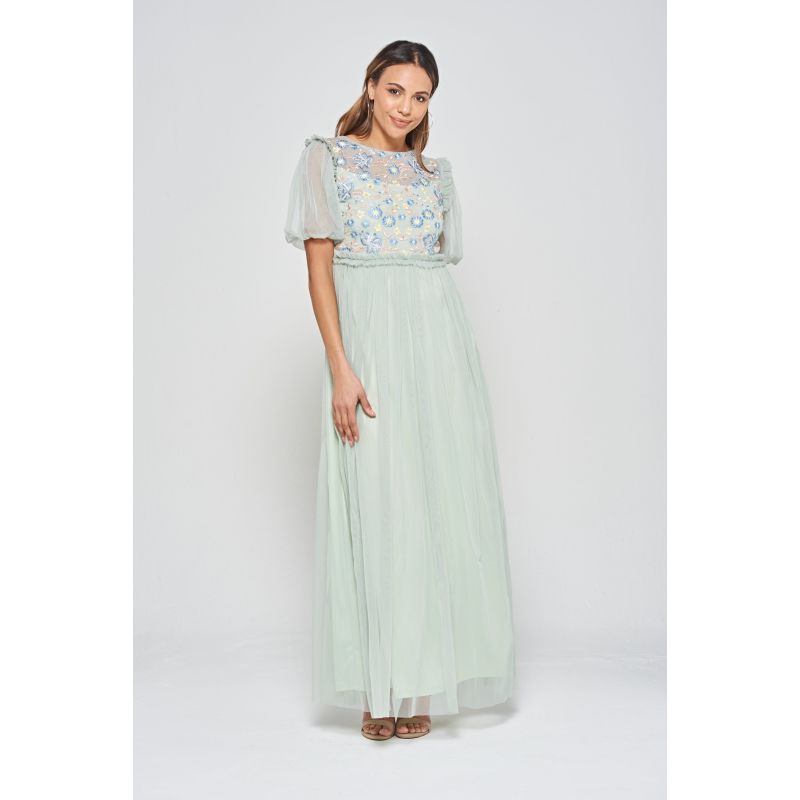 Laraline Puff Sleeve Maxi Dress With Floral Embroidery - Green image