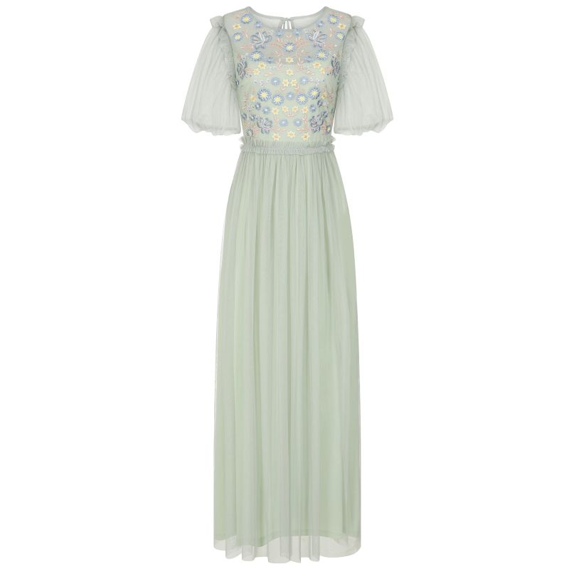 Laraline Puff Sleeve Maxi Dress With Floral Embroidery - Green image