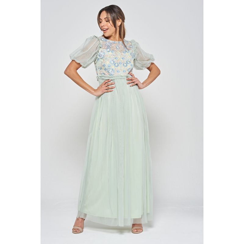 Laraline Puff Sleeve Maxi Dress With Floral Embroidery - Green image