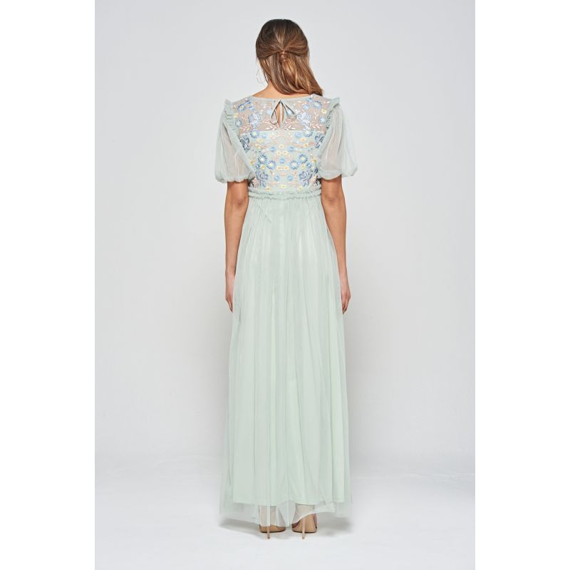 Laraline Puff Sleeve Maxi Dress With Floral Embroidery - Green image