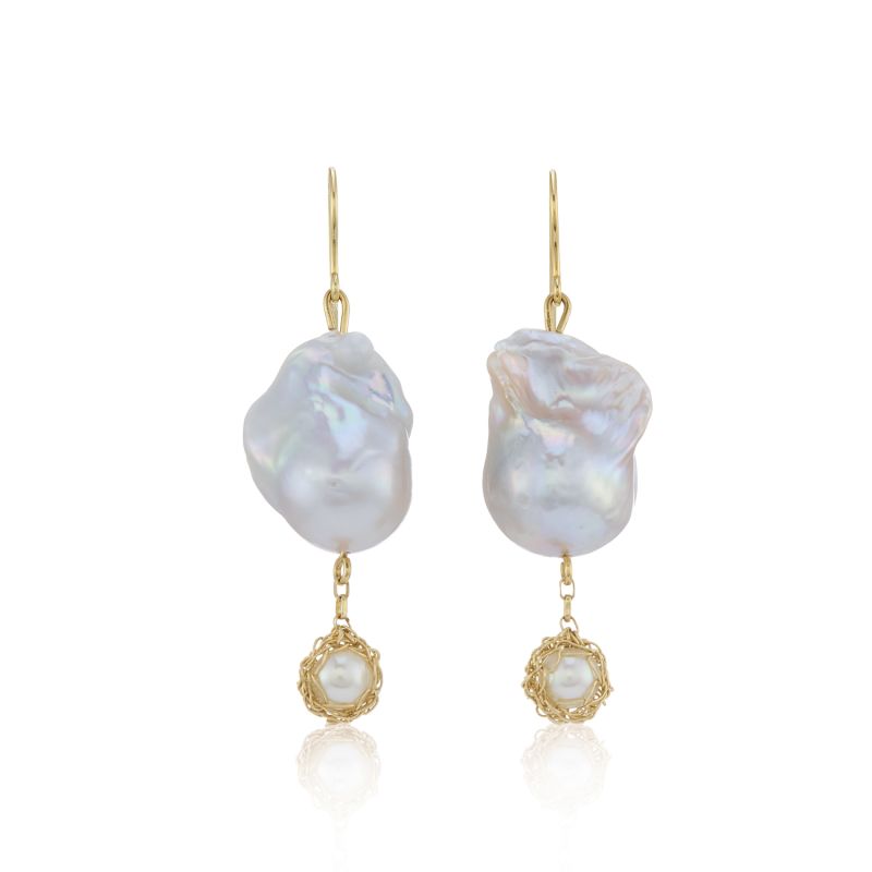 Large Baroque Pearl Dangle Earrings With Signature Hand Crochet Yellow Gold Drop image