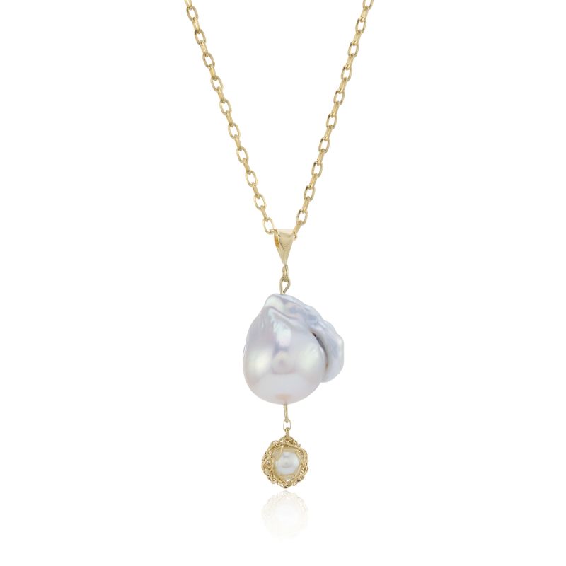 Large Baroque Pearl Pendant With Hand Crocheted Gold Pearl Drop image