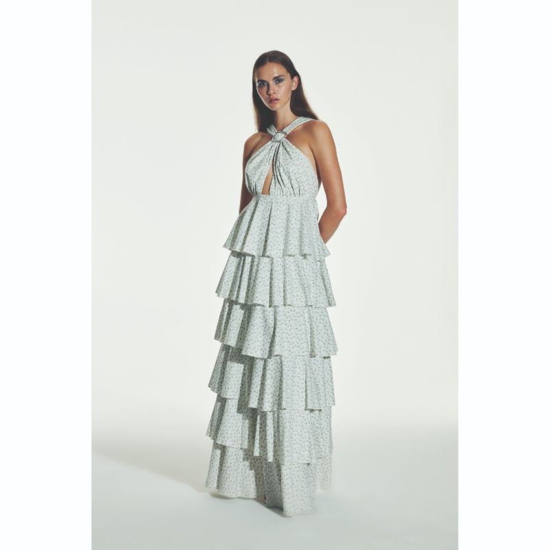 Laurel Printed Cotton Long Dress In Cannoli Cream image