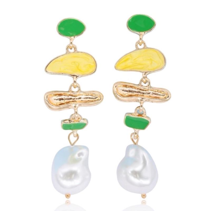 Green Layered Baroque Pearl Drop Earrings image