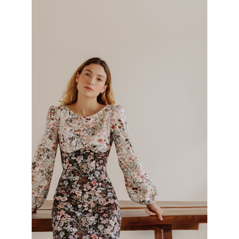 Daphne Midi Dress With Bust Seam Detail & Blouson Sleeves In Mixed Black & Milky White Florals Cotton image