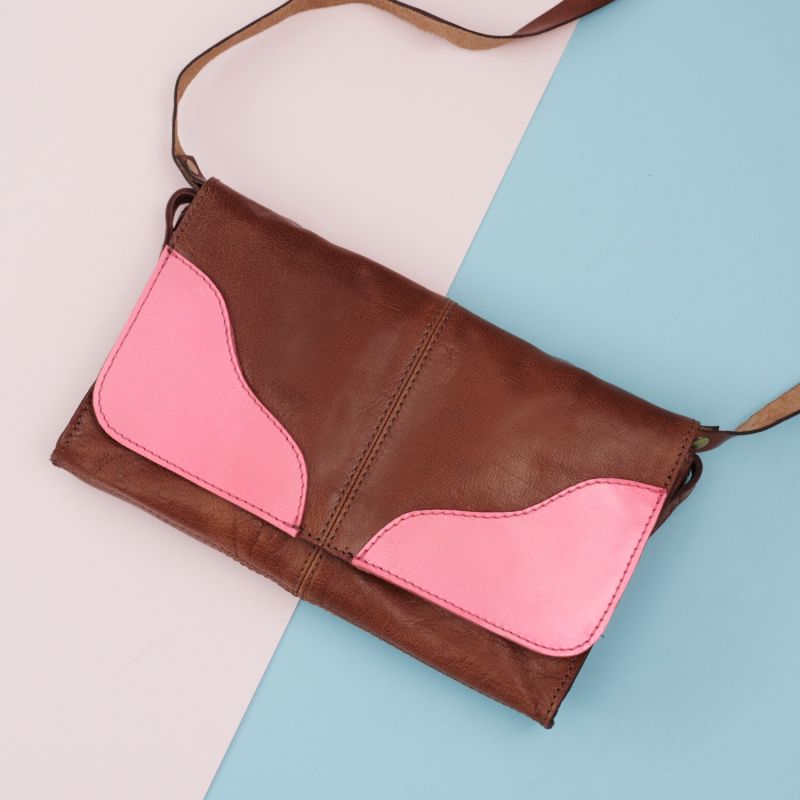 Clutch Handbag Tan & Neon Pink Leather image