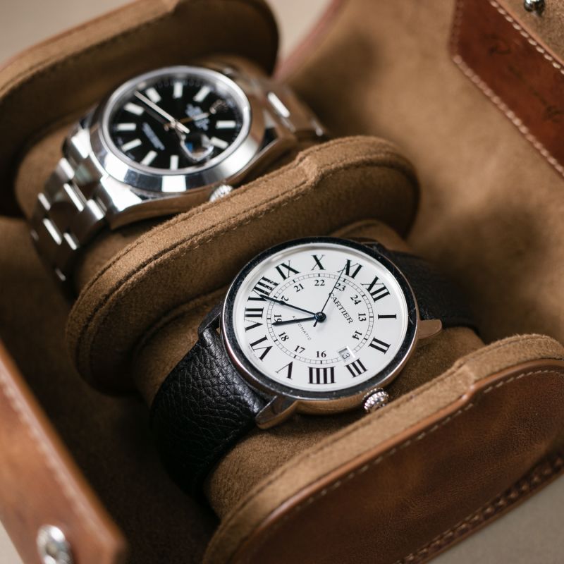 Leather Travel Watch Case - Tobacco - Double Watch Roll image