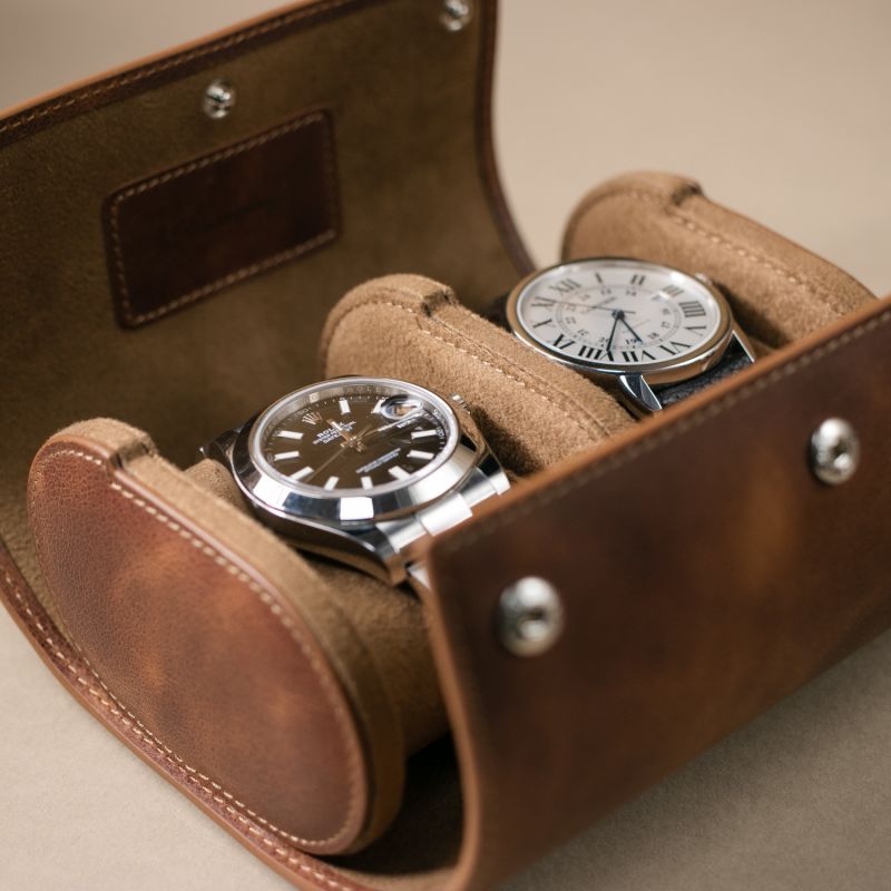 Leather Travel Watch Case - Tobacco - Double Watch Roll image