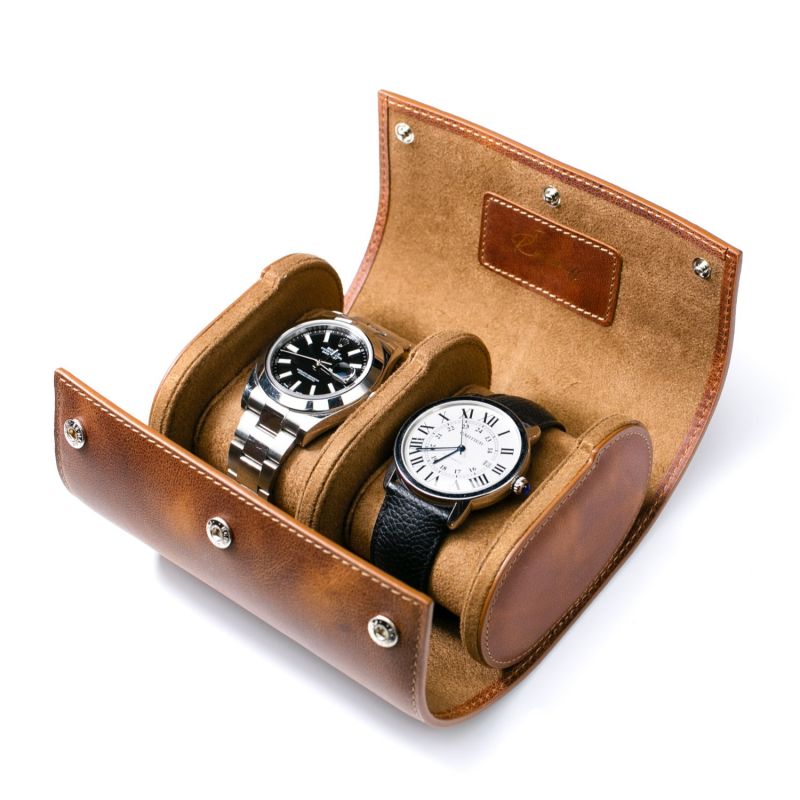 Leather Travel Watch Case - Tobacco - Double Watch Roll image