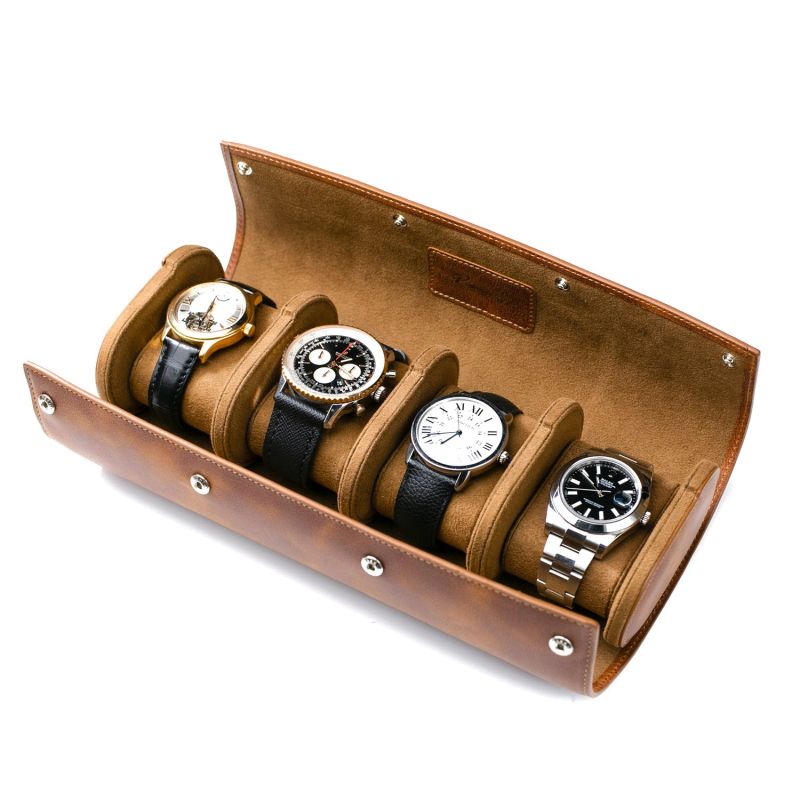 Leather Travel Watch Case - Tobacco - Quad Watch Roll image