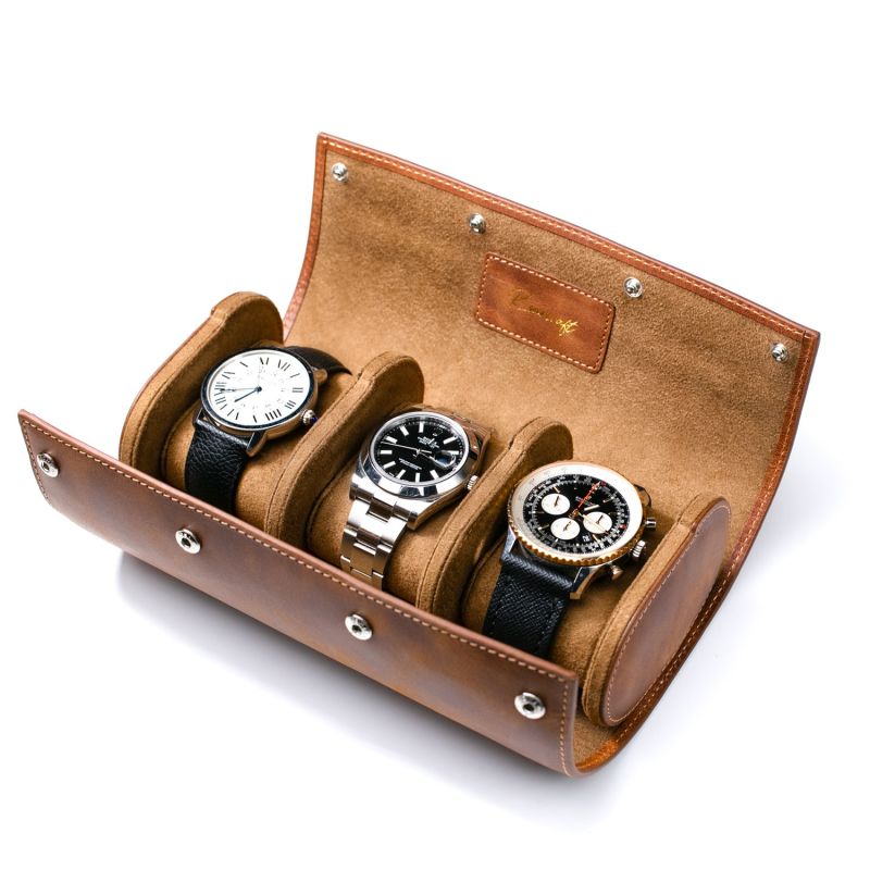 Leather Travel Watch Case - Tobacco - Triple Watch Roll image