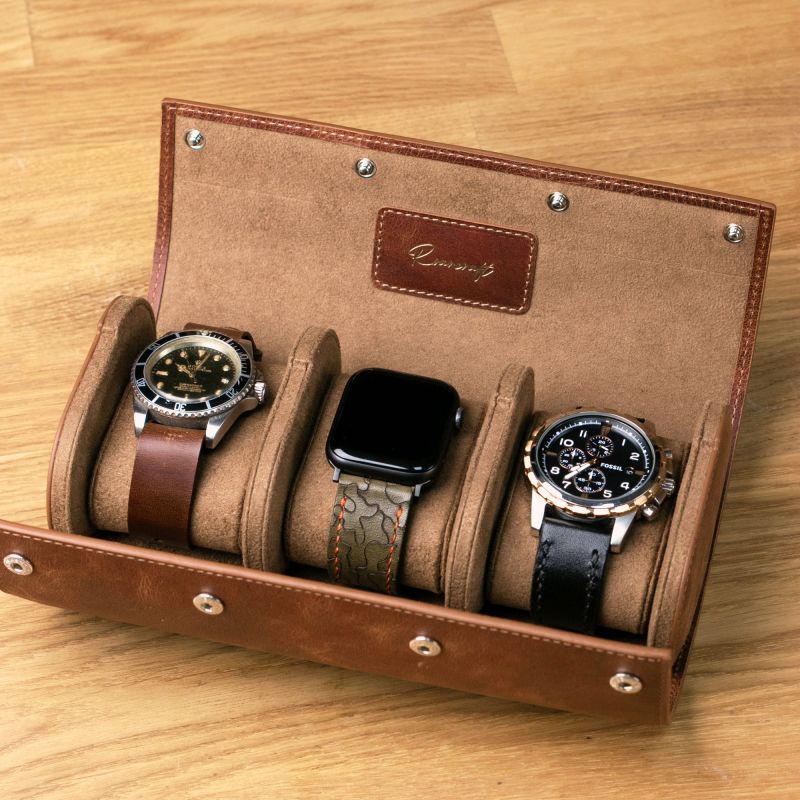 Leather Travel Watch Case - Triple Watch Roll | Roarcraft | Wolf & Badger