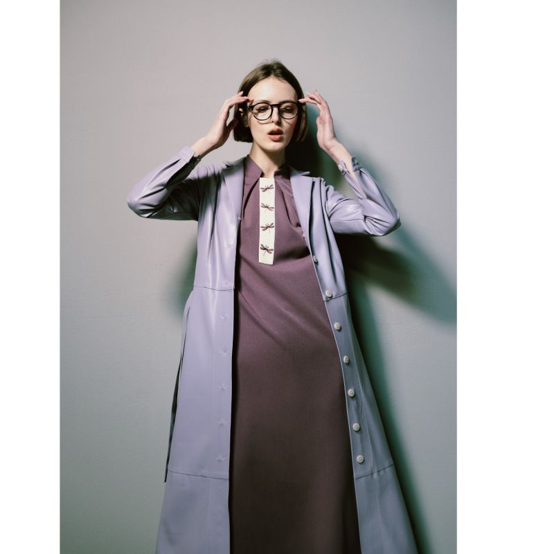 Light Purple Long Button-Up Eco-Leather Trench image