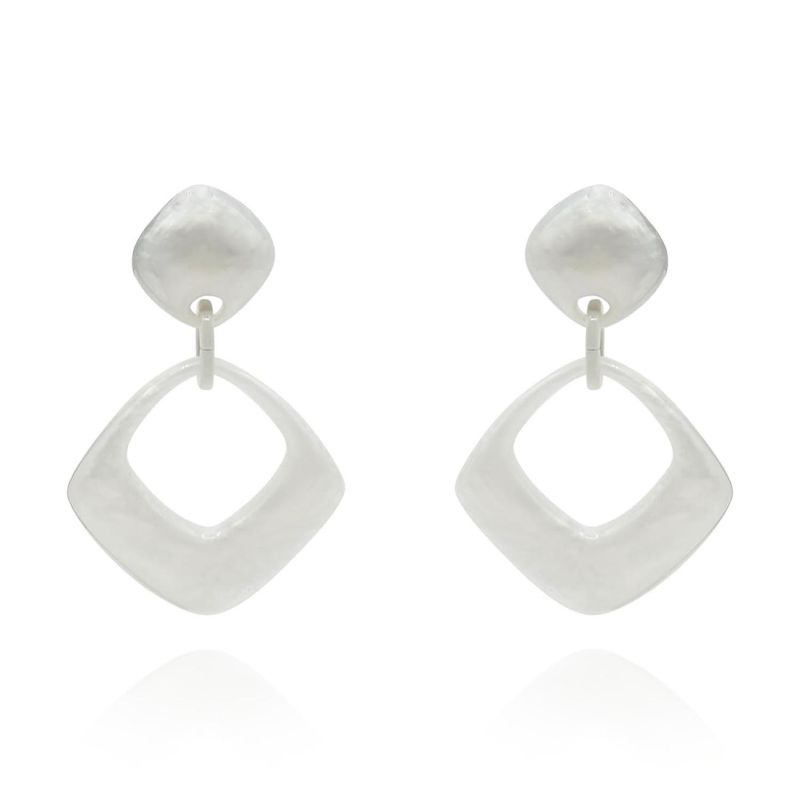 Lightweight Large White Square Drop Clip-On Resin Earrings image