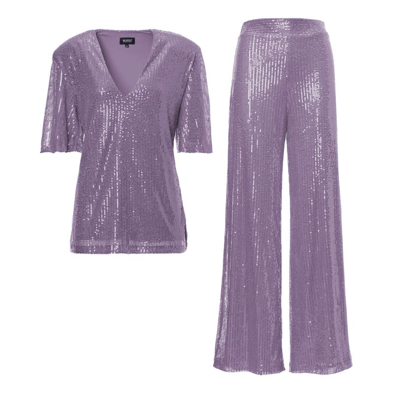 Lilac Sequin Matching Set With Blouse And Wide Leg Trousers BLUZAT