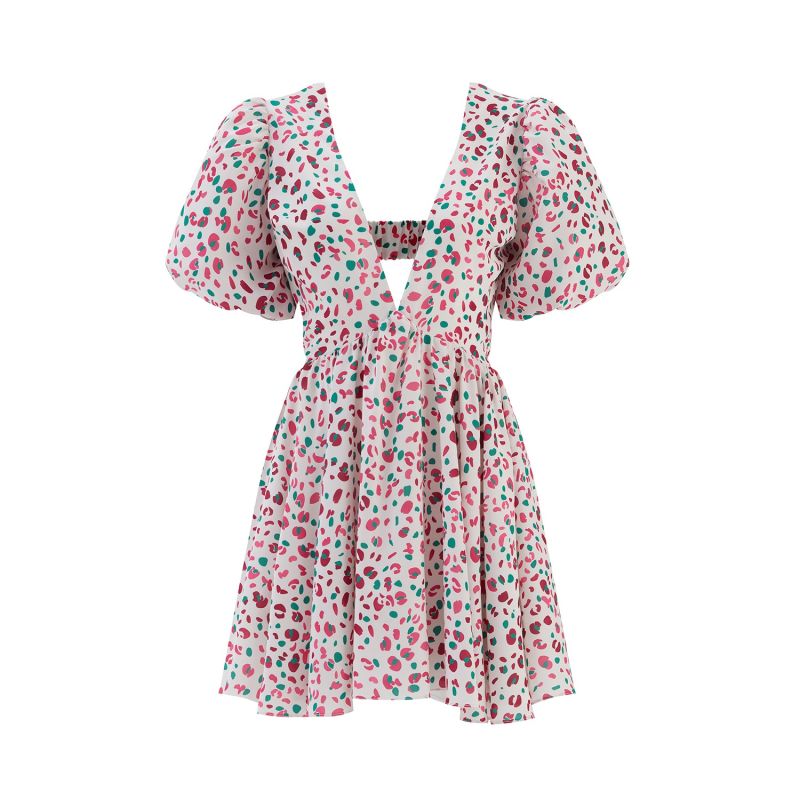 Lilly Pink Patterned Puff Sleeve Mini Dress image