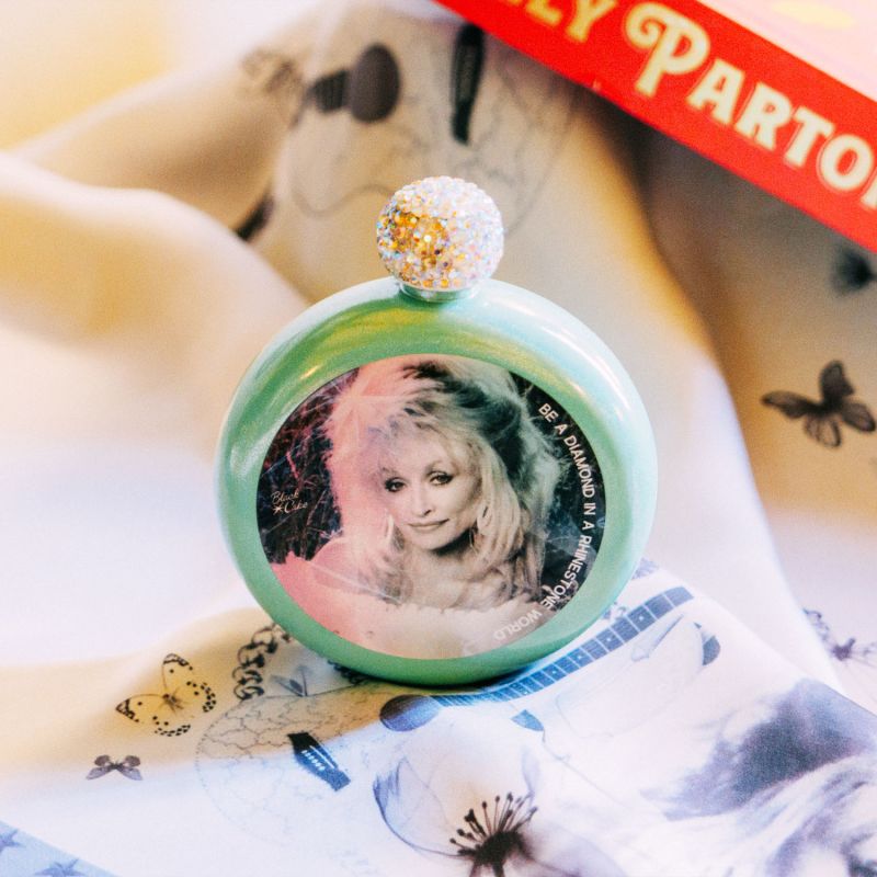 Limited Edition Festival Dolly Parton Tribute Glitter Mint Spirit Flask And Dolly Love Butterflies Bandana Scarf image