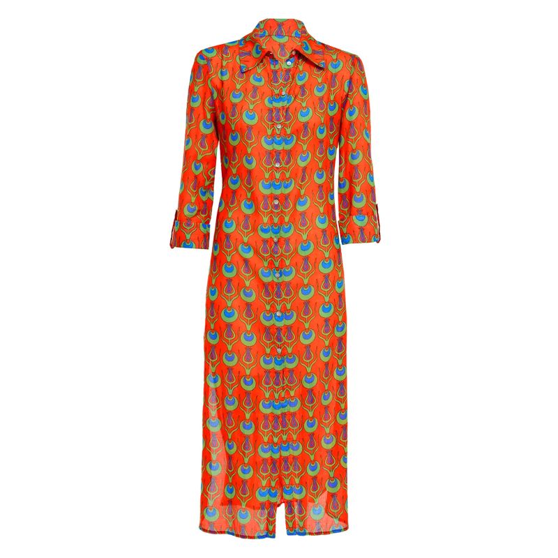 Linda Long Shirt Dress With Tulip Design In Coral Red image